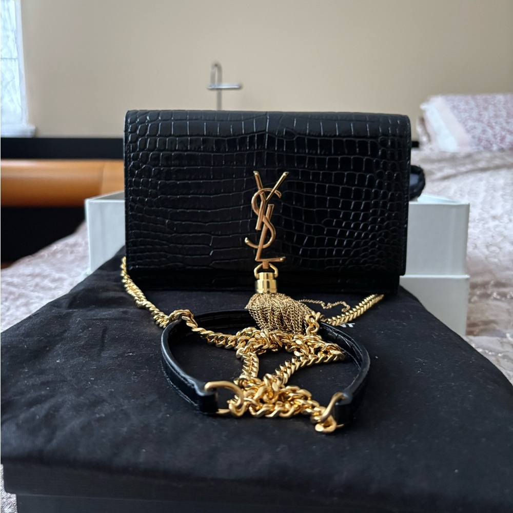 Yves Saint Laurent Black Crossbody Bag with Gold Accents